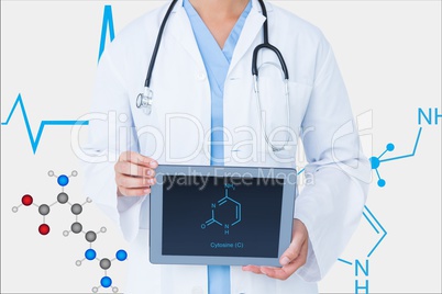 Doctor model showing ADN on the screen of its tablet computer against graphics background