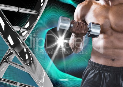 man with weight  with iron dna chain and blak and blue lights background
