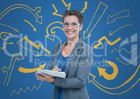 Business woman with clipboard against blue background with yellow arrow graphics