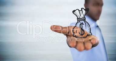 Business man with money bag graphic in outstretched hand against blurry blue wood panel