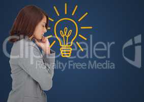 Business woman thinking against blue background with yellow lightbulb