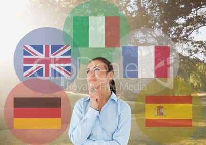 main language flags around young woman in the park