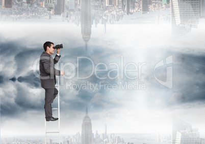 Businessman looking far away with binoculars close to a city