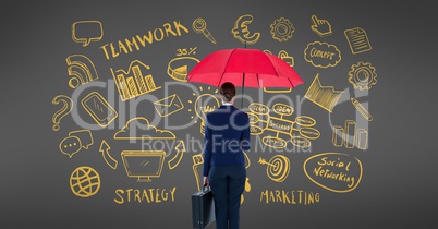 Businesswoman with an umbrella and a suitcase watching a grey board with brainstorming