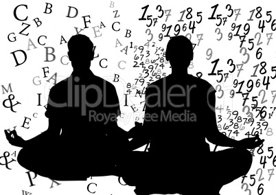 silhouettes doing yoga: 1 with text around him, 1 with numbers around her.