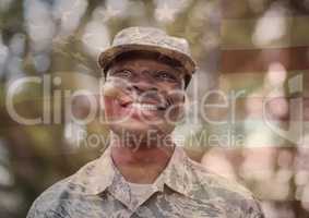 happy soldier smiling overlap with usa flag