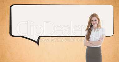 Digital image of businesswoman standing by speech bubble against orange background