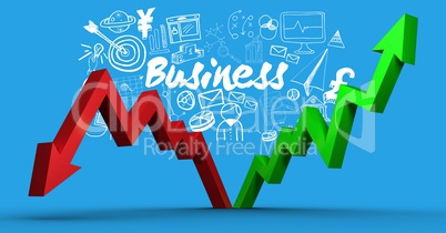 Digital composite image of business text and symbols with arrows