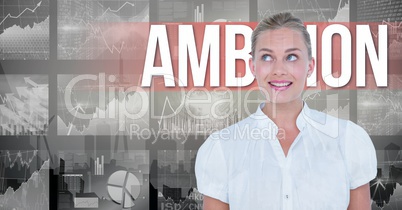 Digital image of businesswoman against ambition text and graphs