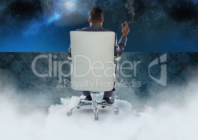 Businessman Back Sitting in Chair with cigar and cloudy sky
