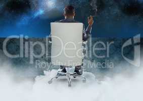 Businessman Back Sitting in Chair with cigar and cloudy sky