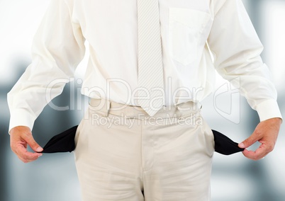 man with white suit and with empty pockets. Blurred background