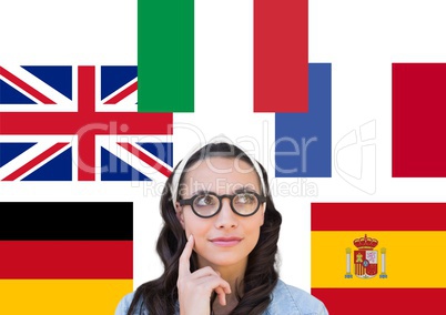 main language flags around young woman thinking