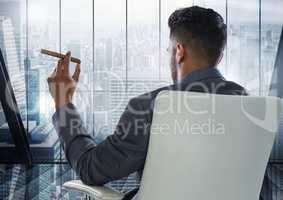 Businessman Back Sitting in slick Chair with  cigar and window overlooking modern city