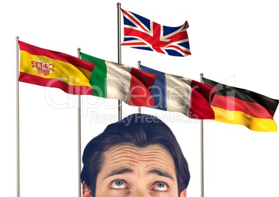 main language flags behind foreground  of young man