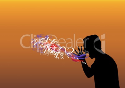 man shouting silhouette with text and smoke coming up from his mouth. Orange sunset background