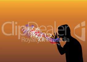 man shouting silhouette with text and smoke coming up from his mouth. Orange sunset background