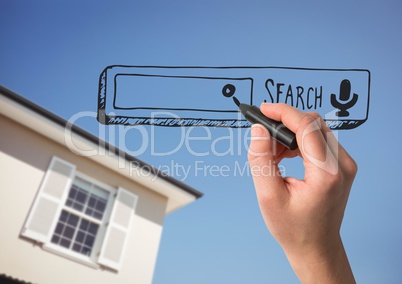 Hand drawing search bar against house and sky