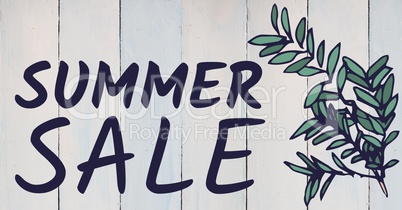 Purple summer sale text and green leaf graphic against white wood panel