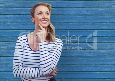 hipster thinking with blue wood background