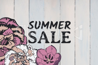 Grey summer sale text and purple flower graphics against white wood panel