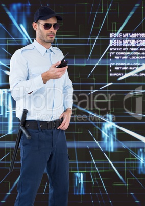 Security guard with walkie talkie standing against digital background