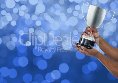 Hands holding trophy against bokeh