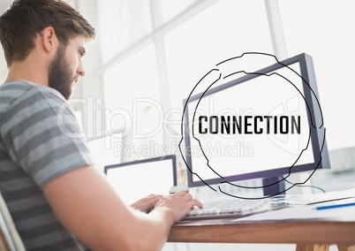 Black connection text and graphic against man at computer