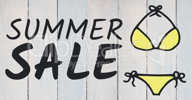 Summer sale text and yellow bikini graphic against white wood panel