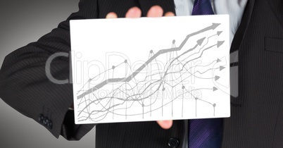 Business man mid section with card showing grey graph against grey background