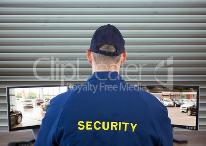 security guard looking the image of the security cameras. blind background.