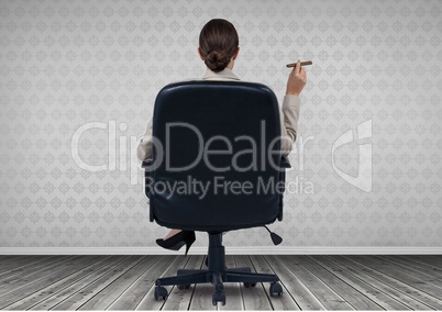 Businesswoman Back Sitting in Chair with  cigar and wooden floor
