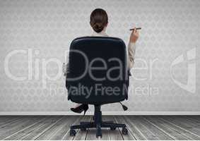 Businesswoman Back Sitting in Chair with  cigar and wooden floor