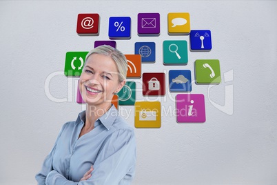 Smiling businesswoman against background of 3D assets
