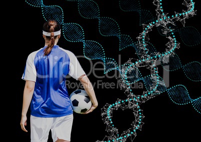 soccer woman with technological dna chains. Black background