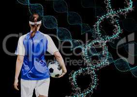 soccer woman with technological dna chains. Black background