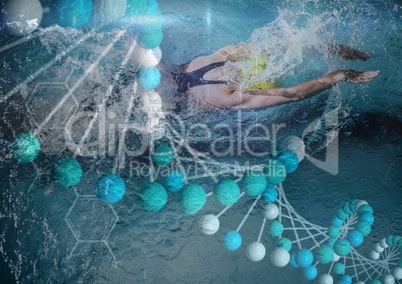 woman swimming and dna chain superposition