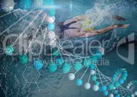 woman swimming and dna chain superposition