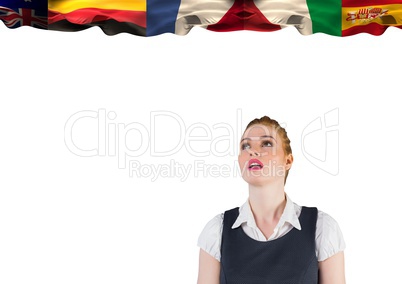main language flags over young businesswoman. white background