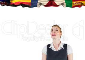 main language flags over young businesswoman. white background