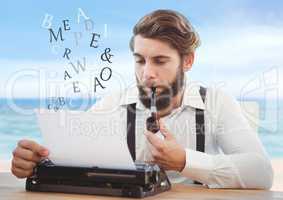 Hipster man  on typewriter with letters and blue sea