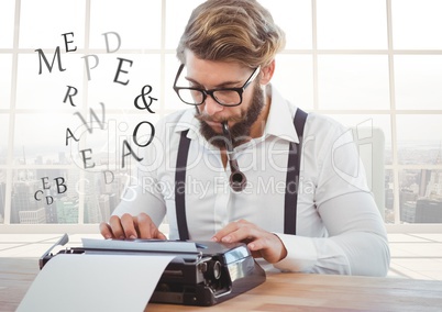 Hipster  man on typewriter with letters and windows