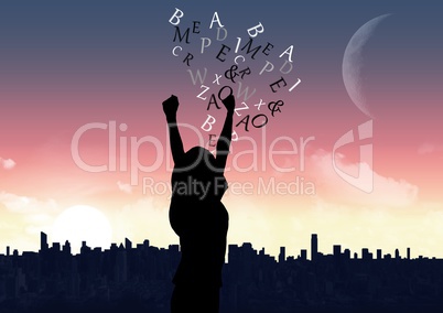 woman with hands up in front of the city silhouette with text coming up from her.
