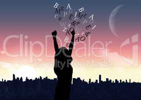 woman with hands up in front of the city silhouette with text coming up from her.