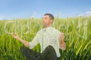Man doing yoga in field of green sproutings