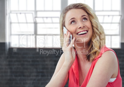 Happy blond-hair girl calling someone