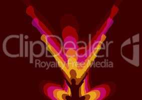 Sit woman with hands up silhouettes in warm colors with opacity. dark red background