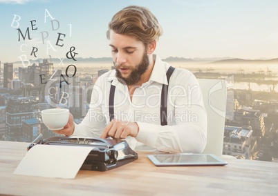 Hipster man  on typewriter with letters over city
