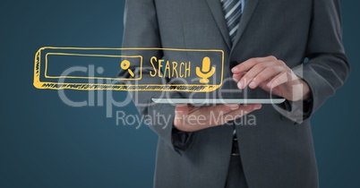 Business man mid section with tablet and yellow search bar against dark blue background