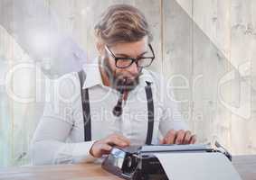 Hipster man  on typewriter by bright wood